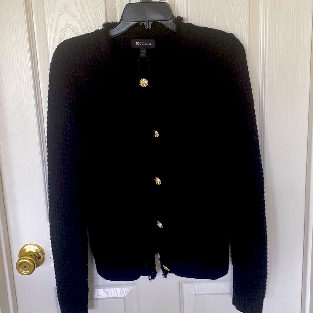 “Express” Black, Waffle, Rhinestone Button Sweate… - image 5